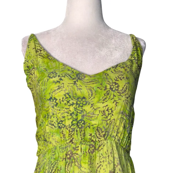 Vintage Lime‎ Green Batik Rayon Tiered Sundress Boho Tropical Midi Dress Artsy - Image 2