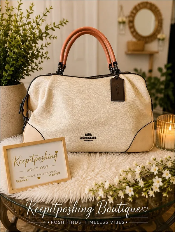Coach Lane Cream Pebbled Leather Satchel with Coral Handles Snakeskin Detail - Image 2