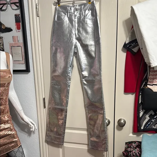 WeWoreWhat Silver Mirror Straight Leg Faux Leather Pants Futuristic Cybercore - Image 3