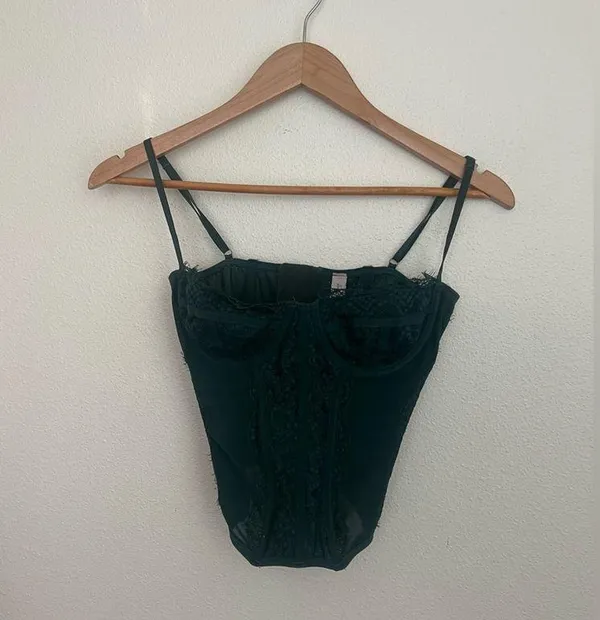 Urban Outfitters Modern Love Corset Slate Dark Green L Fairy Grunge Whimsy Lace - Image 5