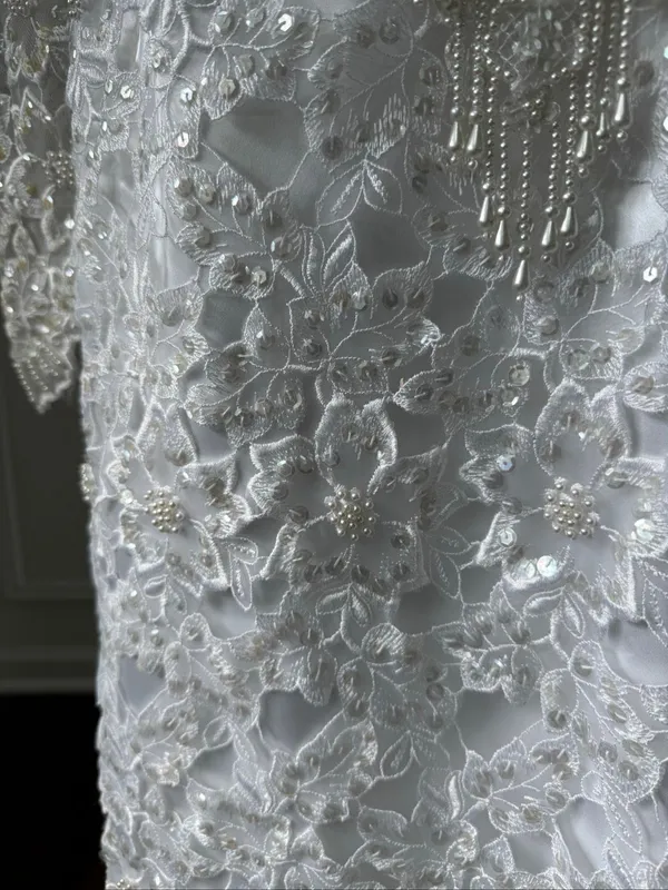 Vintage 80s Wedding Dress Heavily Embellished Long Sleeve Plunging Back S M 6 - Image 8