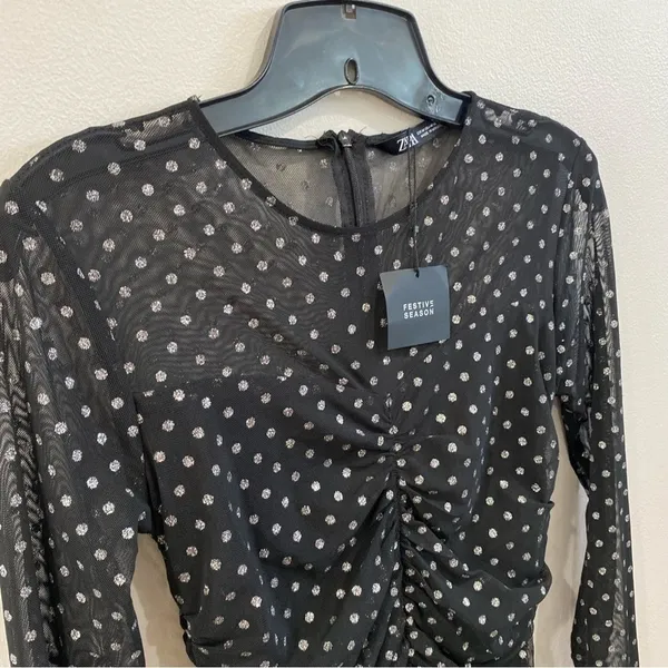 NWT Zara Swiss Dot Mesh‎ Tulle Ruched Mini Dress Size M Sheer Party Going Out - Image 7