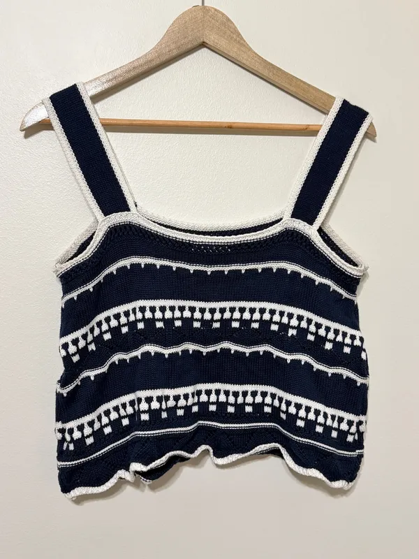 Entro Knit Tank Top Size Medium Crochet Navy Boho - Image 5