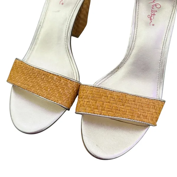 Lilly Pulitzer Chunky Block Heel Sandals Size 9.5 Metallic Gold‎ Open Toe Straw - Image 8