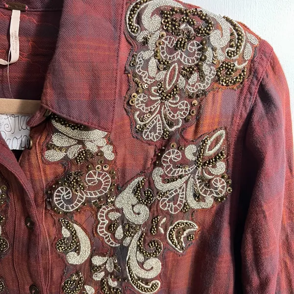 NWOT Free People Embroidered Plaid Tunic Shirt Boho Medium - Image 6