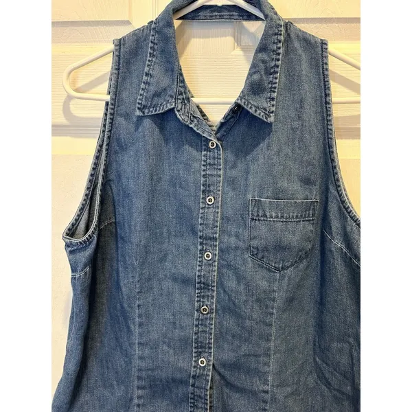 VTG Faded Glory Womens XL Blue Denim Sleeveless Button Shirt Back Cutout Cowgirl - Image 3