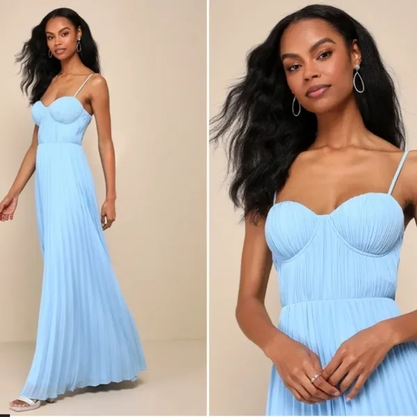 LULU's Prom Wedding Bridesmaid Sexy Pleated Bustier Romantic Flowy Maxi Dress - Image 3
