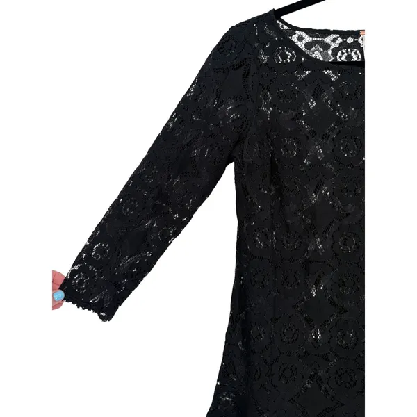 Free People Sheer Floral Lace Mini Dress 3/4 Sleeve Ruffle Hem Black Boho Size 0 - Image 11