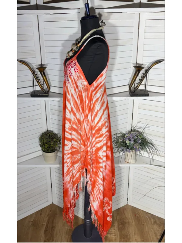 Vintage gauze cotton boho dress tie dye asymmetrical beach cover up fringes S M - Image 8
