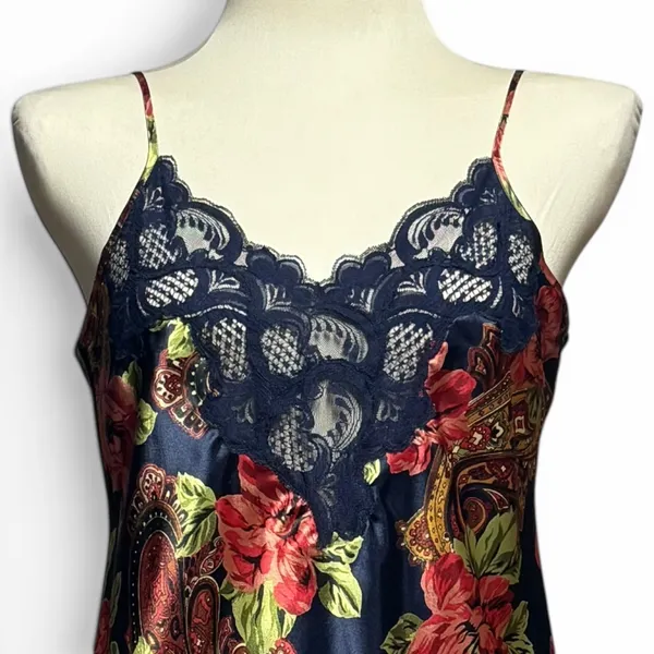 Victoria's Secret Vintage 80s Satin Lace Nightgown Mini Slip Dress Blue Red Med - Image 2