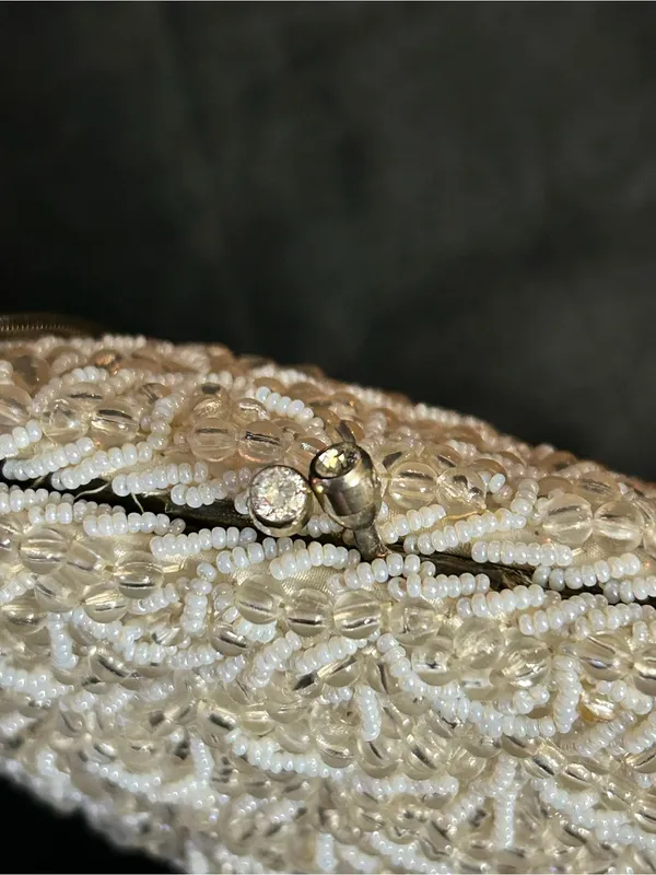 Ivory Beaded Evening Shoulder Hand Bag with Chain Strap Rhinestone Accent - Image 11