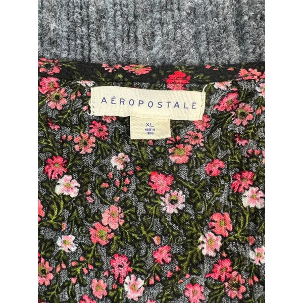 AEROPOSTALE Floral Crop Top Women XL Black Pink Smocked V-Neck Puff‎ Sleeve NWT - Image 5
