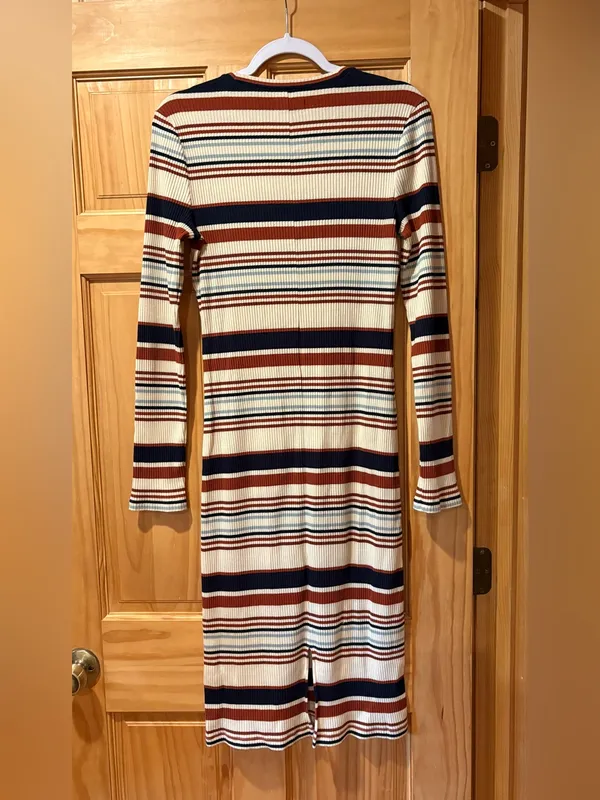 Madewell multi-color striped ribbed midi dress rust navy cream light blue Wmns L - Image 2