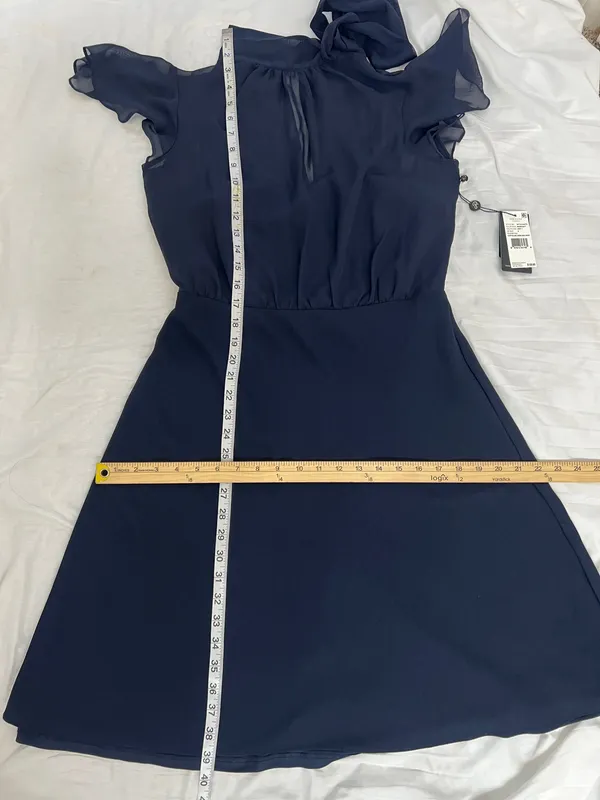 NWT Adrianna Papell Navy Blue Chiffon And Crepe Mock Neck Bow Dress Size 6 - Image 7