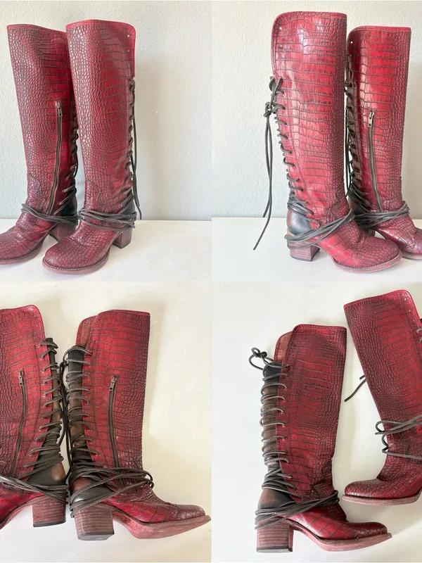 Freebird Coal Red Croco Leather Knee High Boots Zip Lace Up Women’s Size 7 - Image 4