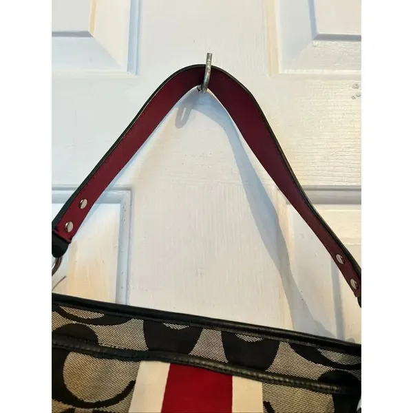 COACH Signature Hampton Stripe Purse Classic Logo Shoulder Bag Black Red White 1 - Image 7