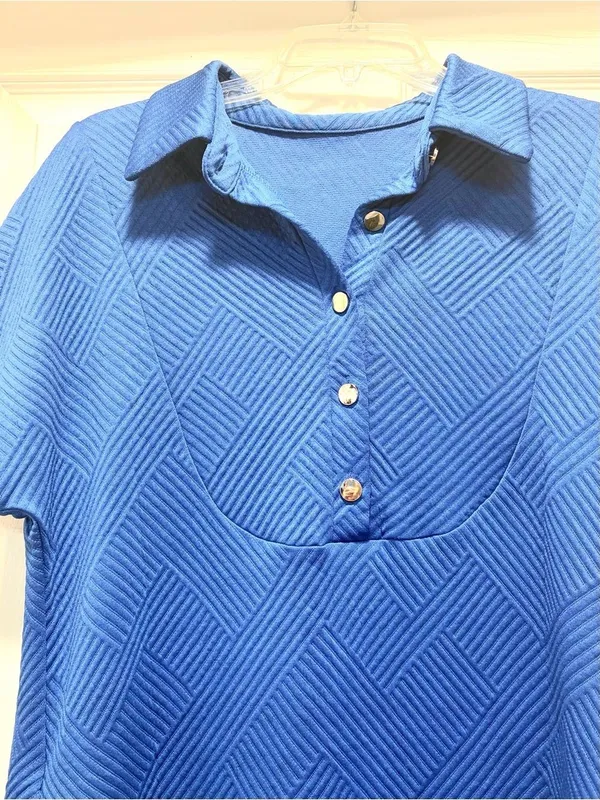 Amazon Boutique Royal Blue Textired Zig Zag Button Front Short Sleeve Mini Dress M - Image 6