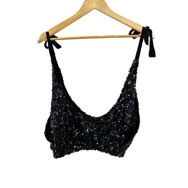 Free People Black Big Night Sequin Crop Tie Shoulder Top‎ Size Small - Image 6
