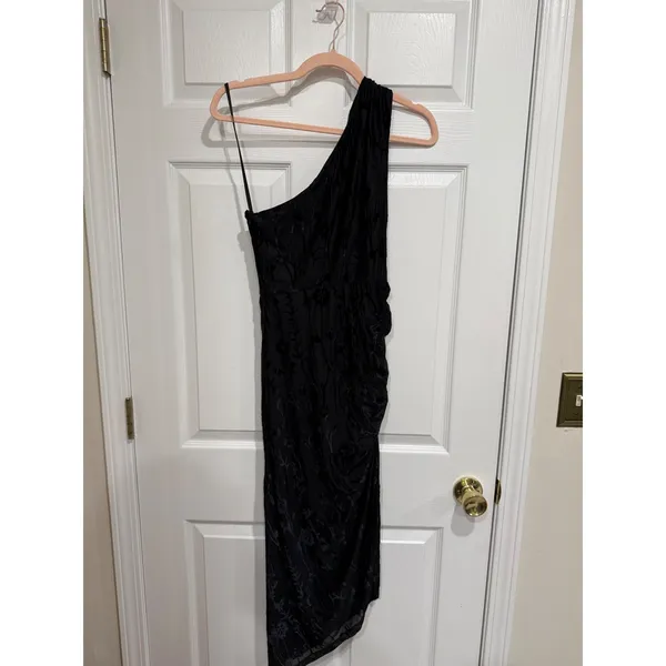 Hutch Black Velvet Burnout Floral One Shoulder Ruched Midi Small S - Image 5