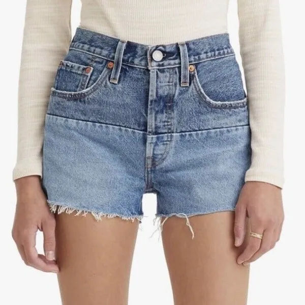 Levis Size 27 501 150 Pieced Shorts Original High Rise Denim Distressed Blue - Image 2