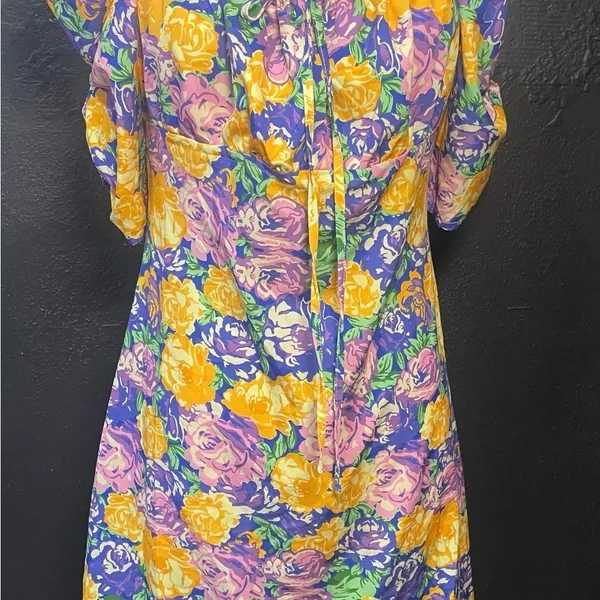 Sunday Up Floral Print Puff Sleeve Square‎ Neck Tie Front Midi Dress Women M - Image 2