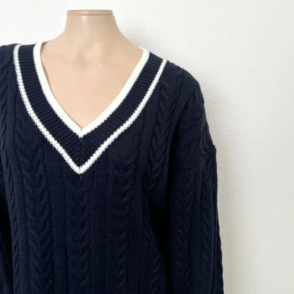 [VICI] Navy Blue White V-Neck Chunky Cable Knit Oversized Sweater Dress NWT XL - Image 7