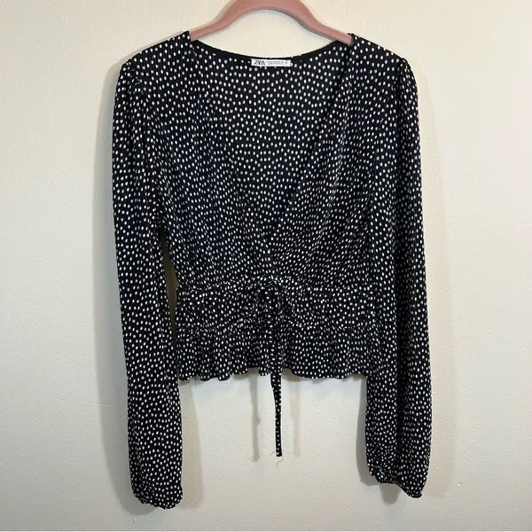 Zara Pleated Surplice V Neck Faux Wrap Blouse Top Polka Dots Long Sleeves Medium - Image 3