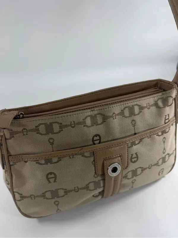 Etienne Aigner Monogram Canvas Shoulder Bag‎ Tan Logo Y2K Baguette Purse - Image 3