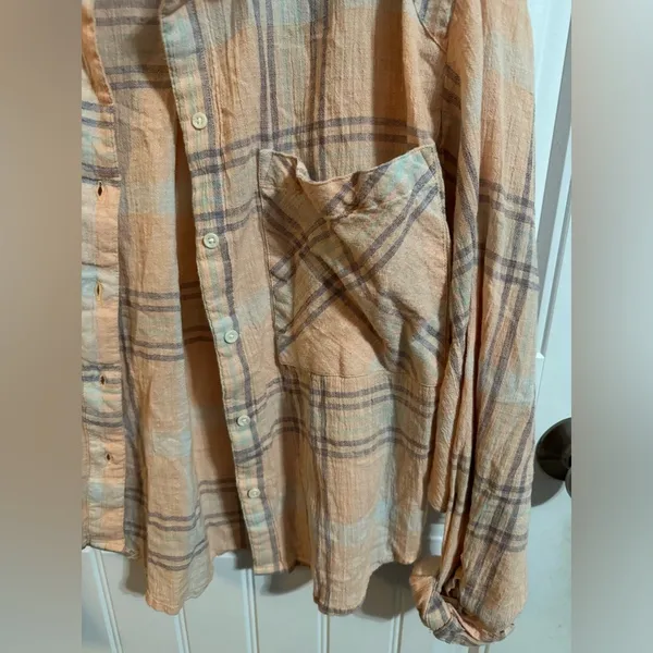 Free People Cotton Cropped Plaid Coral Light Pink Peach Button Down - Image 4