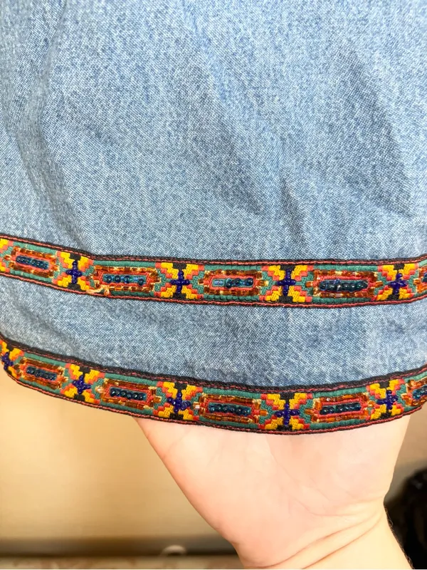 Vintage Denim Embroidered Beaded Trim Dress Size 8 - Image 6