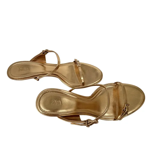 ZARA Metallic Gold Strap Stiletto Heels Sandals 3.1" 9 EUC - Image 4