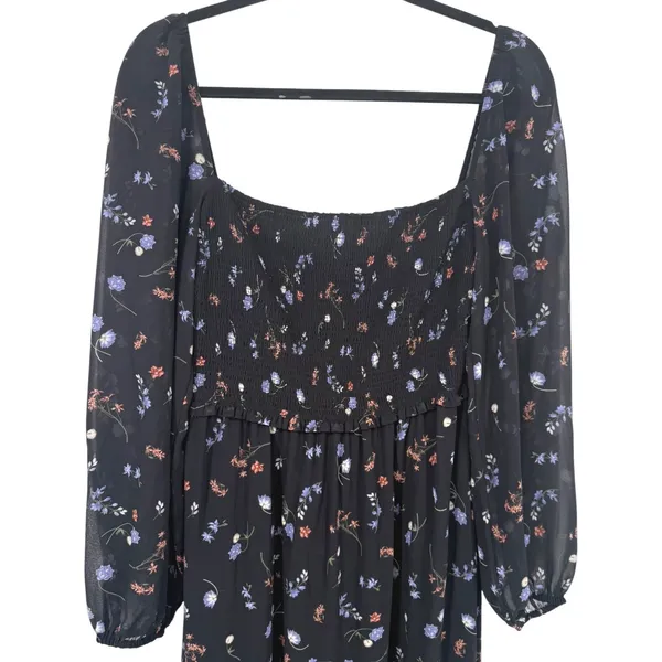 Aritzia Wilfred Black Floral Smocked Square Neck Long Sleeve Midi Dress Sz Large - Image 4