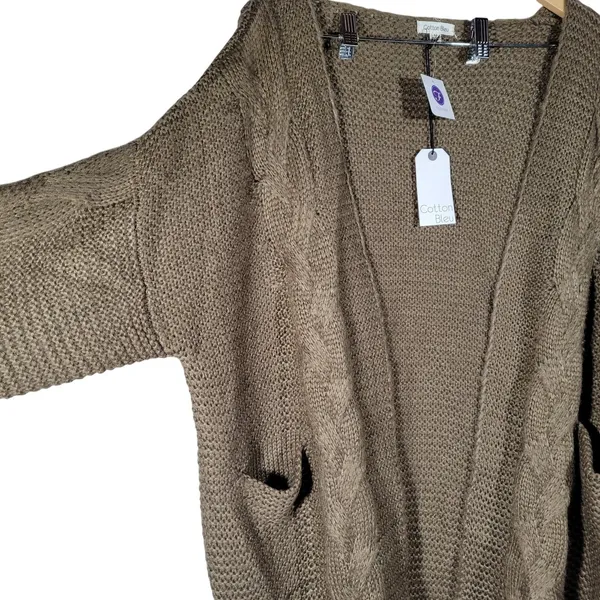 Cotton Bleu Mocha Cable Knit Cardigan Sweater Long Sleeve Open Front Pockets M‎ - Image 3