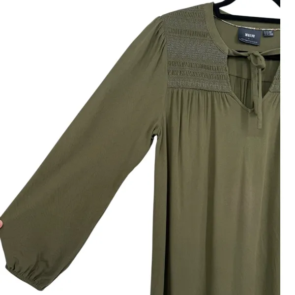 Anthropologie Maeve‎ Ragonda Tunic Dress Moss Green Smocked Long Sleeve Size 12 - Image 12