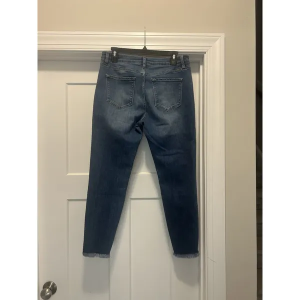 KanCan Mid Rise Tapered Leg Jeans Size 13/30 Dark Wash Stretch Denim Frayed Hem - Image 5