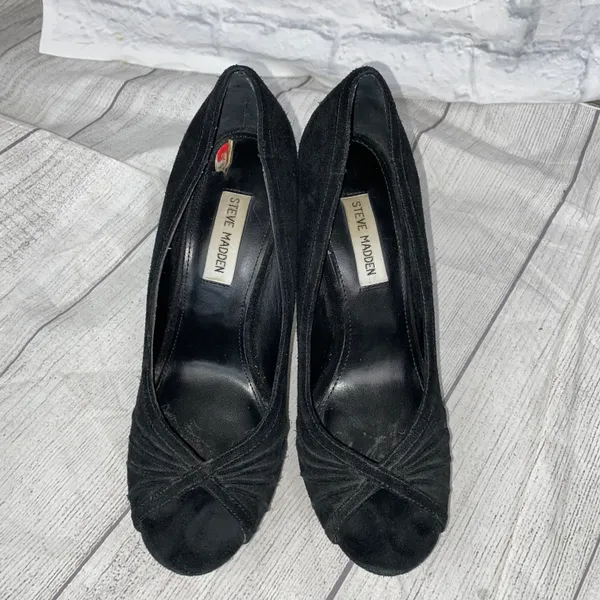 Steve Madden suede open toe heels black upper w/ brown heels sz 8 - Image 4