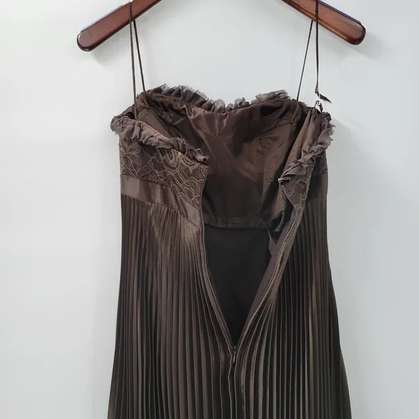 Badgley Mischka Evening Gown Dress Size 8 Brown Pleated Empire Waist Lace Bodice - Image 4