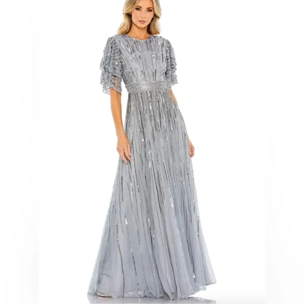 New Mac Duggal 93582 Blue Embellished Full-Length Layered Sleeve Gown - Size 6 - Image 3