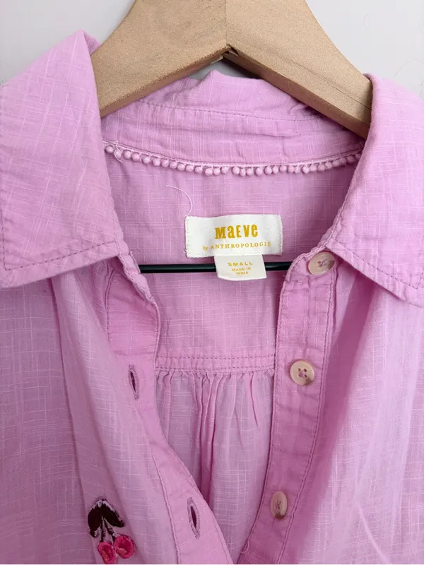 Maeve Anthropologie Fruit Short Sleeve Button Down Cherry Pink - Image 4