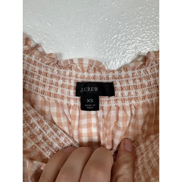 J.Crew Womens XS Peach Gingham Smocked Cotton Mini Dress Short Sleeve Pockets - Image 5