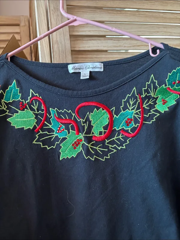 Marisa Christina Black Embroidered Holiday Top with Red and Green Accents Large - Image 2