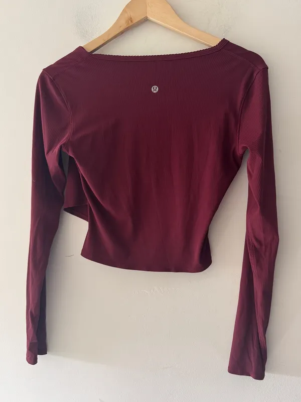 Lululemon Nulu Ribbed Wrap-Front Long Sleeve Shirt Heart Sleeve Burgundy Bay - Image 5