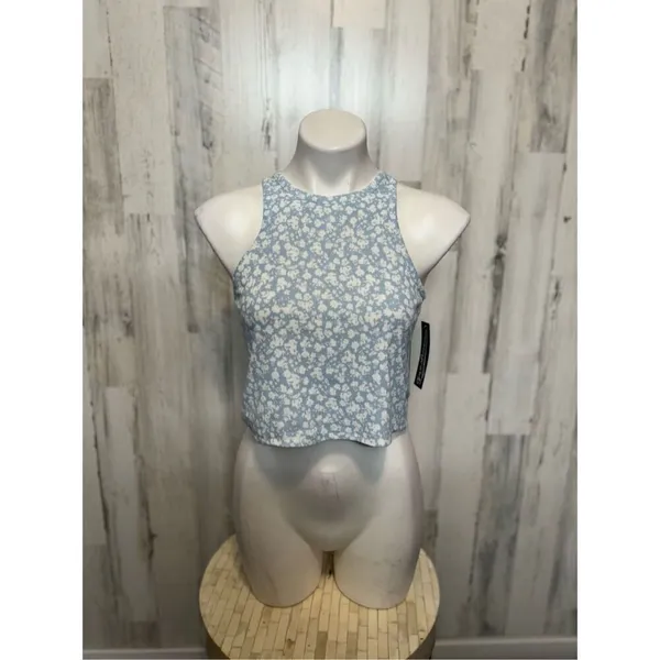 Freshman Blue Floral Halter Crop Top Open Back Tie Blouse Size L - Image 6
