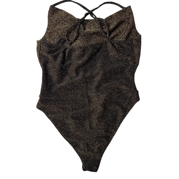 Forever 21 Metallic Bodysuit L Black Bronze Shimmer Cowl Neck NWT - Image 7