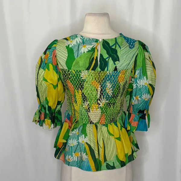 NEW!! FARM RIO Vintage Toucans Smocked‎ Peplum Top Blouse Tropical Small - Image 10