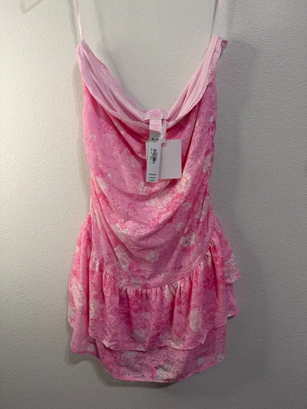 Strapless Pink Floral Ruched Ruffle Mini Dress in Everblooming Pink - Image 6