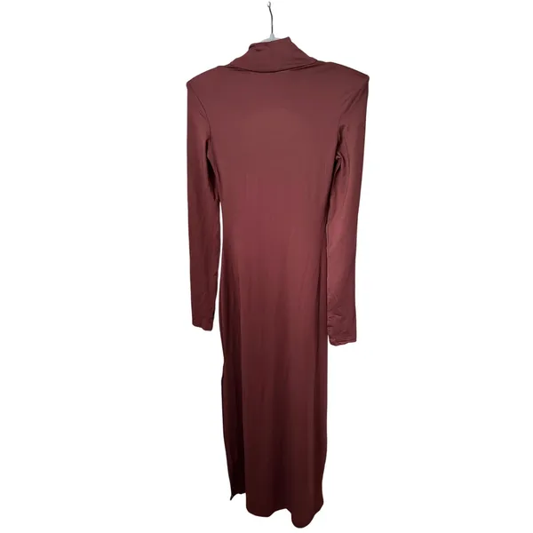 Womens Brown Cut Out Bodycon Maxi Dress Small Long Sleeve Mock Neck Shoulder Pad - Image 9