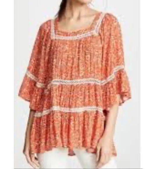 Free People Floral Print tunic Crochet Trim Orange and White Size S - Image 2
