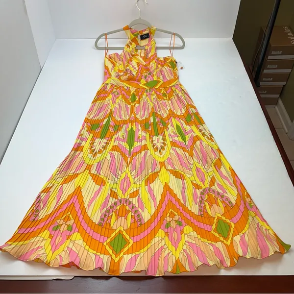 Milk & Honey Brightly Colored Geometric‎ Pattern Pleated Halter Dress Small NEW - Image 13