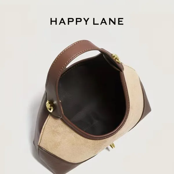 Happy Lane Two-Tone Hobo Shoulder Bag Suede Brown Beige Gold Hardware NIP - Image 9